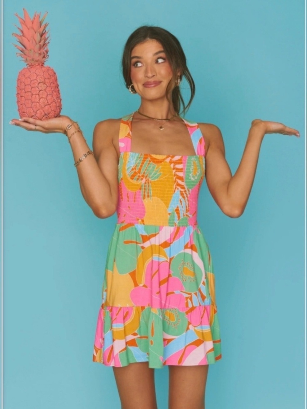 Show Me Your Mumu Collins Mini Dress Small Tropical Fruit Print Smocked Resort
